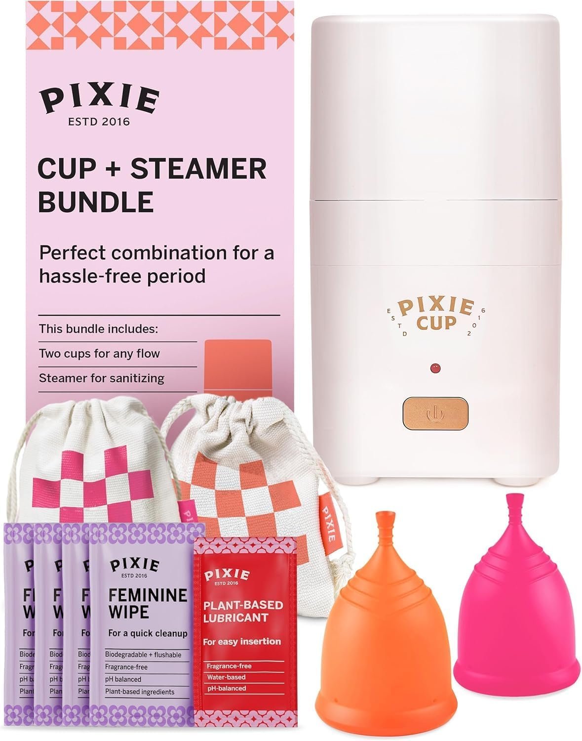 Pixie Menstrual Cups with Sterilizer – The Most Comfortable Soft Reusable Period Cup – Kills 99.9% of Germs with Clean Steam – Wash Your Cup in 3 Minutes! – Compact Sanitizer Kit for Feminine Care