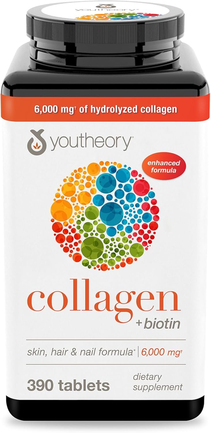 Youtheory Collagen + Biotin – Advanced Collagen Supplement – with Hydrolyzed Peptides, Vitamin C & Vitamin B – Supports Hair Growth, Nail Health & Skin – 390 Tablets