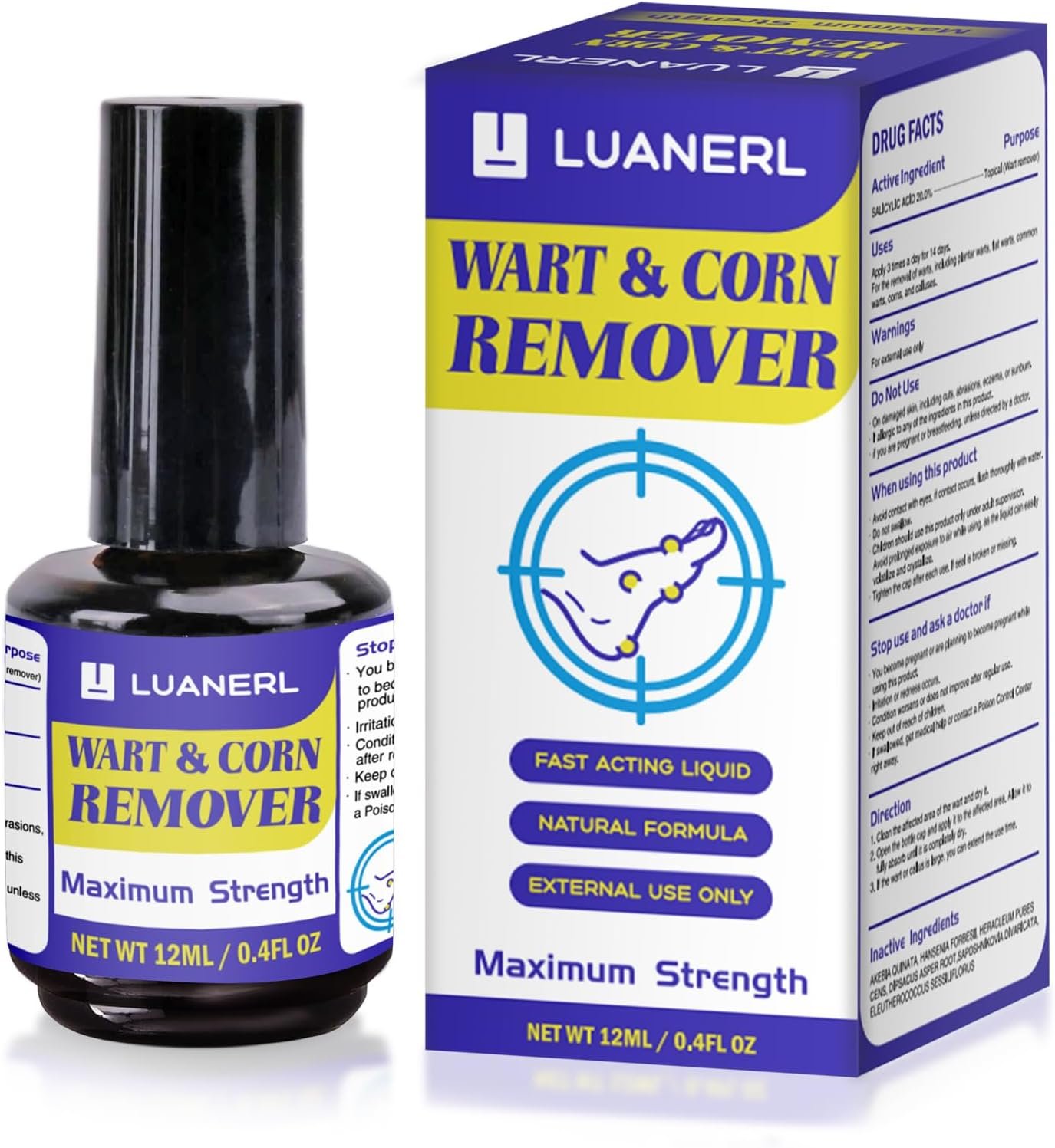 luanerl Wart & Corn Remover, 20% Salicylic Acid with Natural Formula, Maximum Strength Freeze Off, Fast-Acting for Warts, PlantarWart, GenitalWart, CommonWart, Callus-0.4 fl oz(12ml)