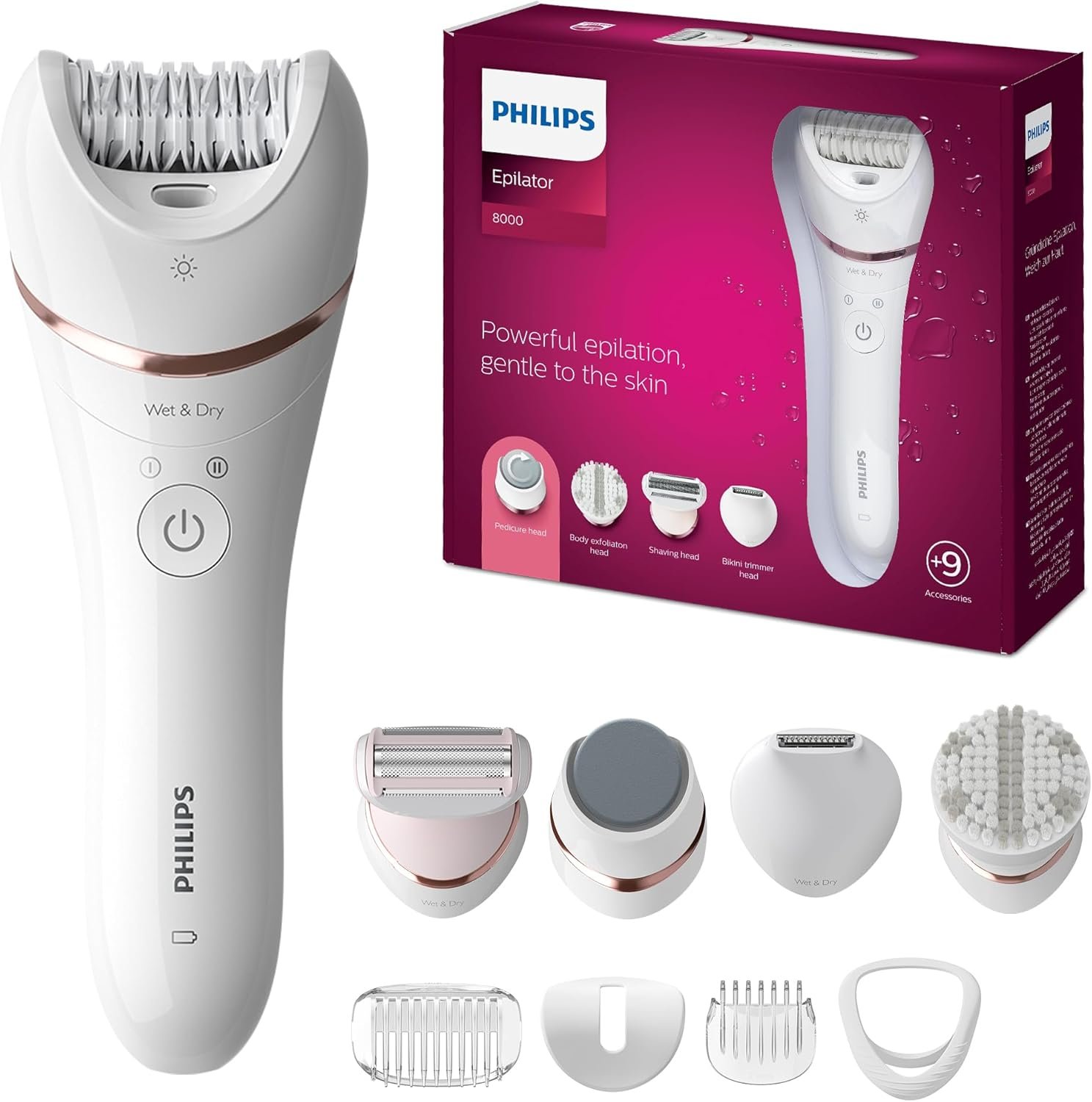 Philips Epilator Series 8000 5 in 1 Shaver for Women, Trimmer, Pedicure and Body Exfoliator with 9 Accessories, BRE740/14