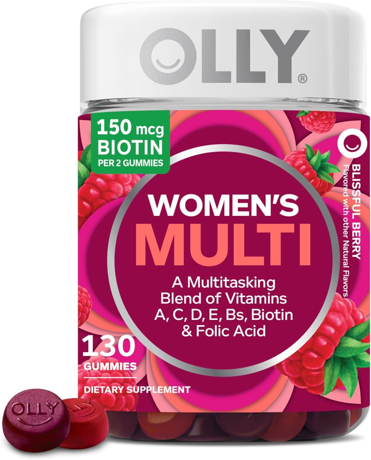 OLLY Women’s Multivitamin Gummy, Women’s Overall Wellness,* Vitamins A, C, D, E, Biotin, Folic Acid, Adult Chewable Supplement, Berry Flavored, 65 Day Supply – 130 Count