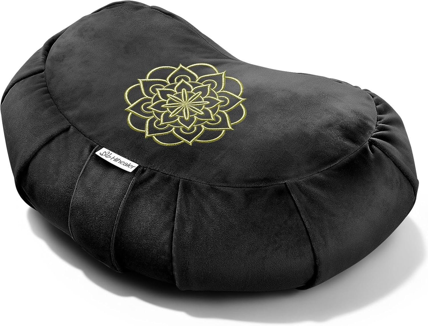 Hihealer Premium Crescent Meditation Cushion, Ergonomic Buckwheat Hull Floor Pillow for Adults, Comfortable Yoga Bolster for Meditation & Floor Sitting (Black)