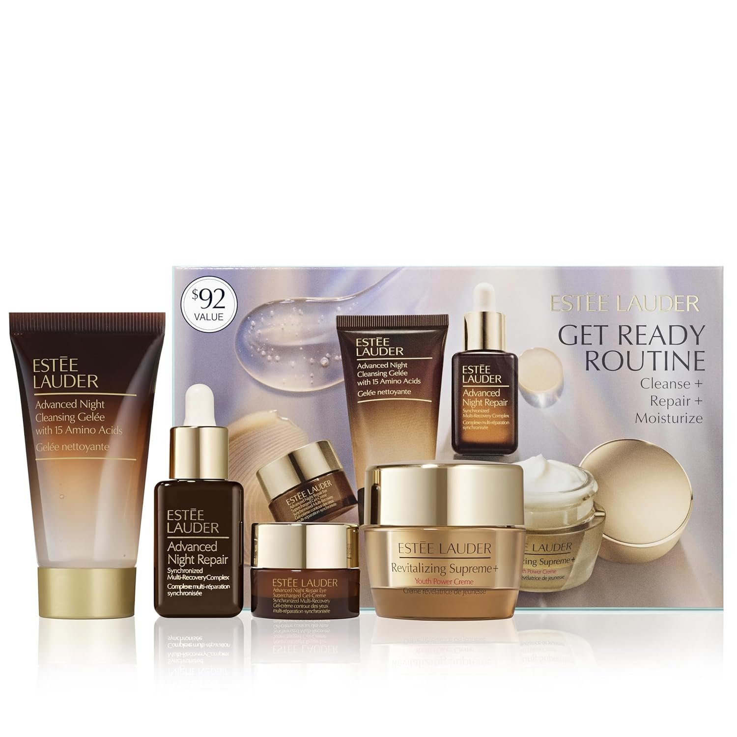 Estée Lauder Get Ready Routine 4-Piece Skincare Gift Set | Cleanse + Repair + Moisturize | Includes Cleanser 1 Fl Oz, Eye Cream 0.17 Fl Oz, Face Serum 0.5 Fl Oz & Moisturizer 0.24 Ounce