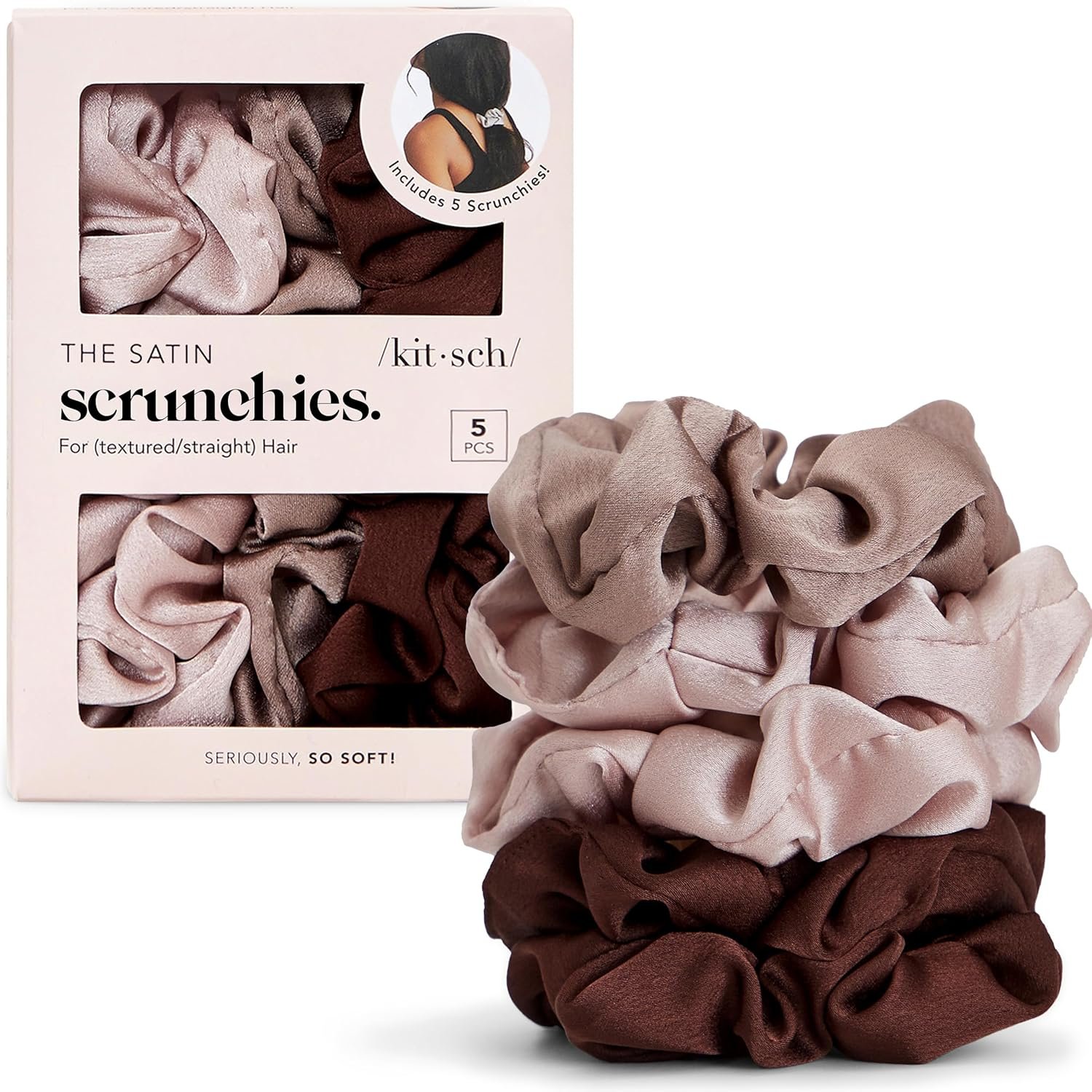 Kitsch Satin Scrunchies for Women – No Crease, Frizz Control | Softer Than Silk Scrunchies Gentle On Hair Scrunchies for All Hair Types | Stylish Hair Accessories College Essentials – Cameo, 5pcs