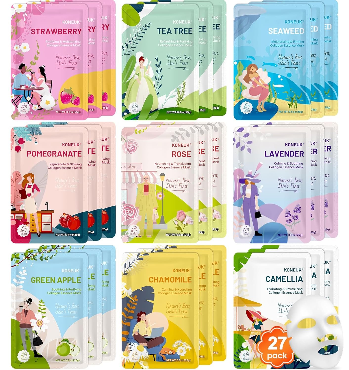 KONEUK 27 Pack Collagen Sheet Face Masks Skincare for Women, Bulk Hydrating Face Mask Set for Dry Skin, Moisturizing Facial Masks for Skin Care, Mothers Day Gifts, Teacher Gifts and Nurses Week Gifts