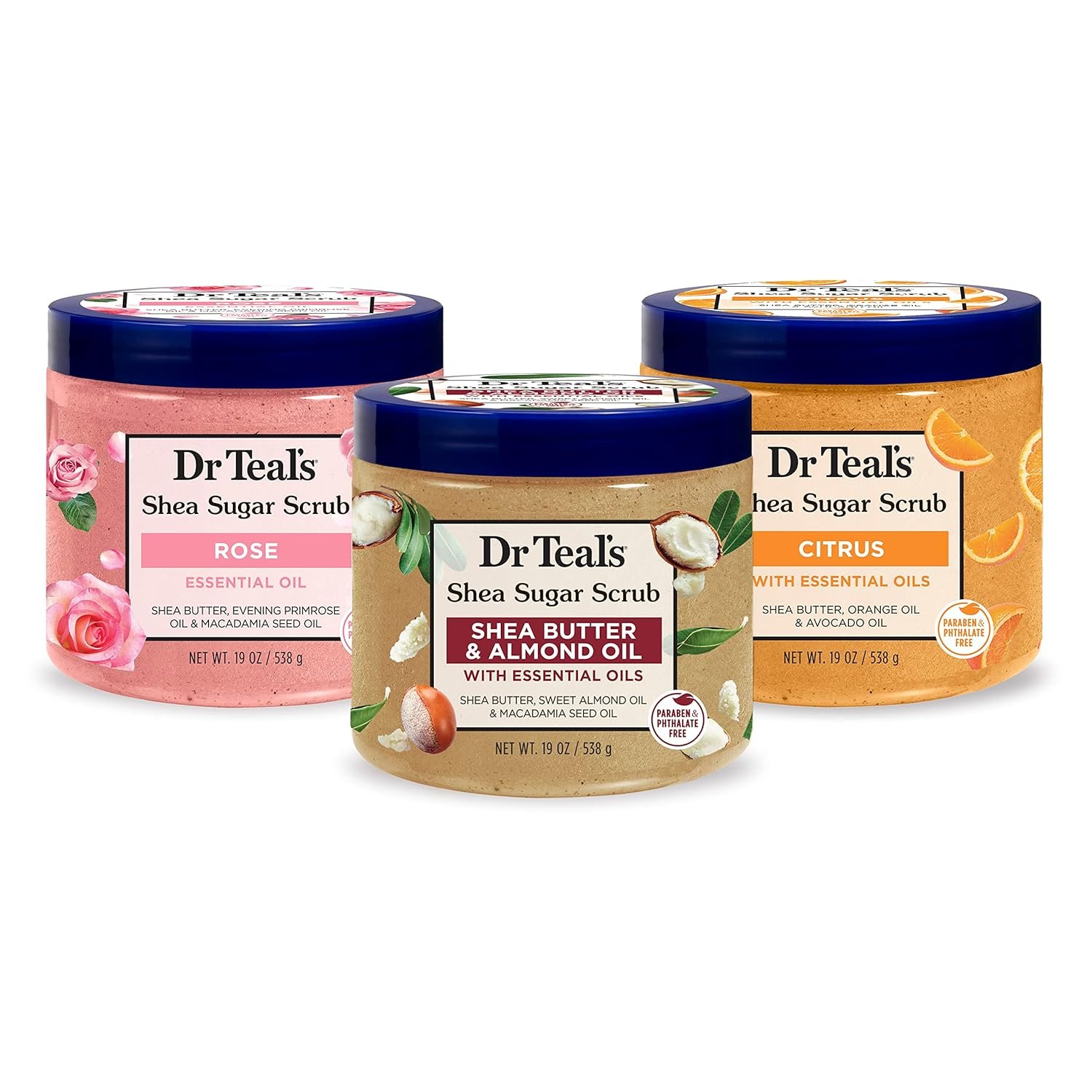 Dr Teal’s Shea Sugar Scrub Trial Pack, Rose, Shea Butter, Citrus 19 oz (Pack of 3)