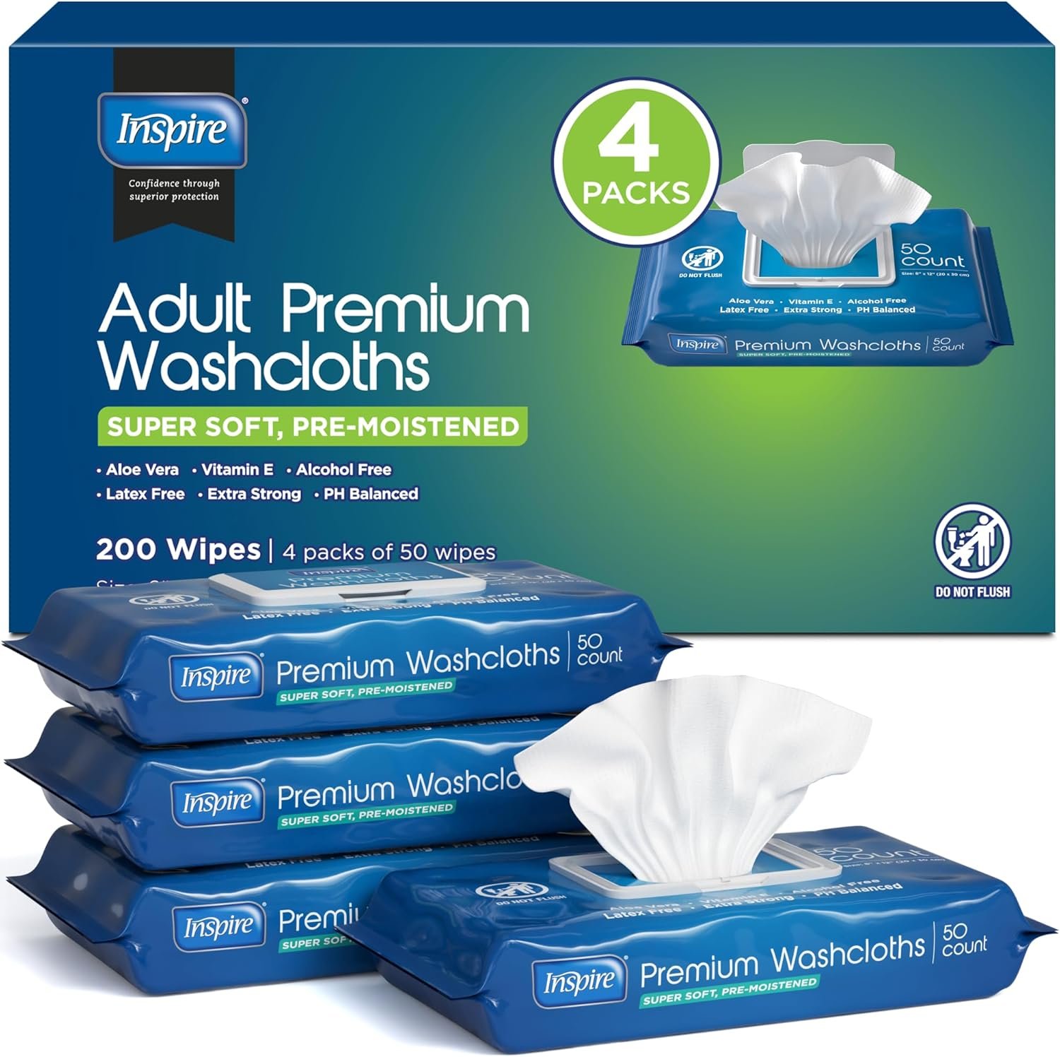 Inspire Adult Wet Wipes, Wash Cloths | Adult Wipes for Incontinence & Cleansing for Elderly, 8″x12″ (200 count)