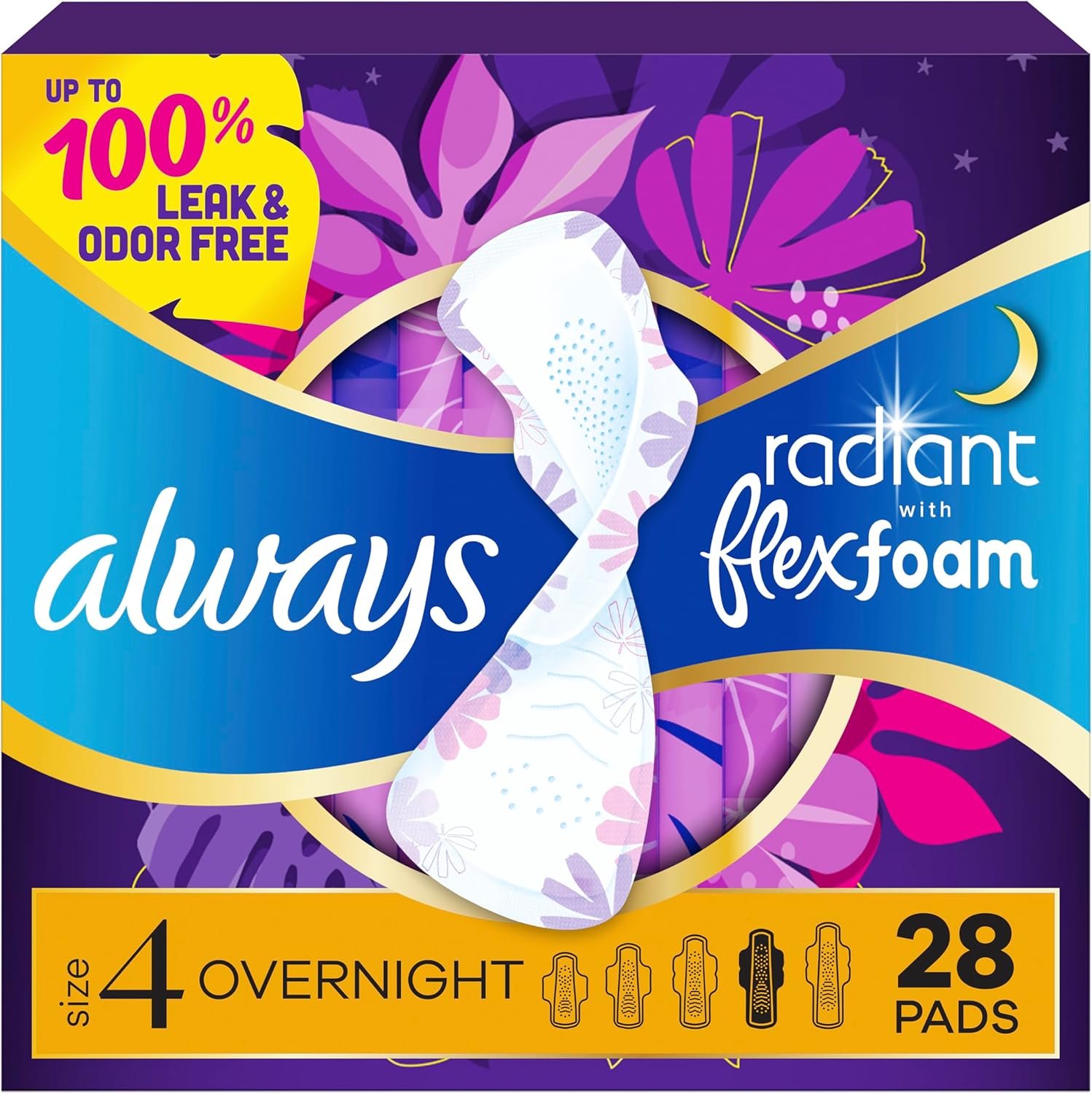 Always Radiant Feminine Pads for Women, Flexfoam Pads with Wings, Size 4, Overnight Absorbency, Lightly Scented, 28 Count