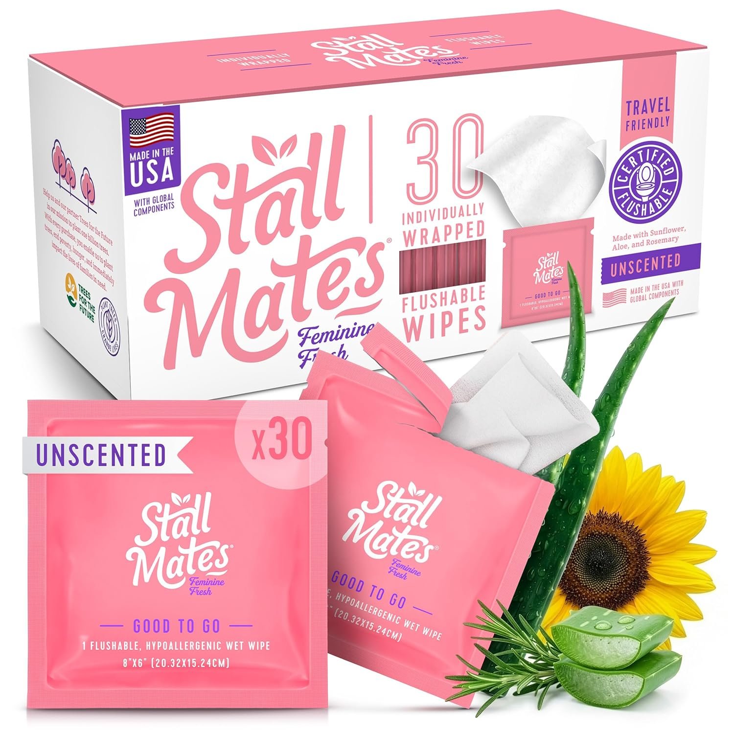 Stall Mates Feminine Fresh – Flushable Wipes, Individually Wrapped Cleansing Travel Friendly PH balanced Unscented with Sunflower, Rosemary and Aloe (30 on-the-go singles)