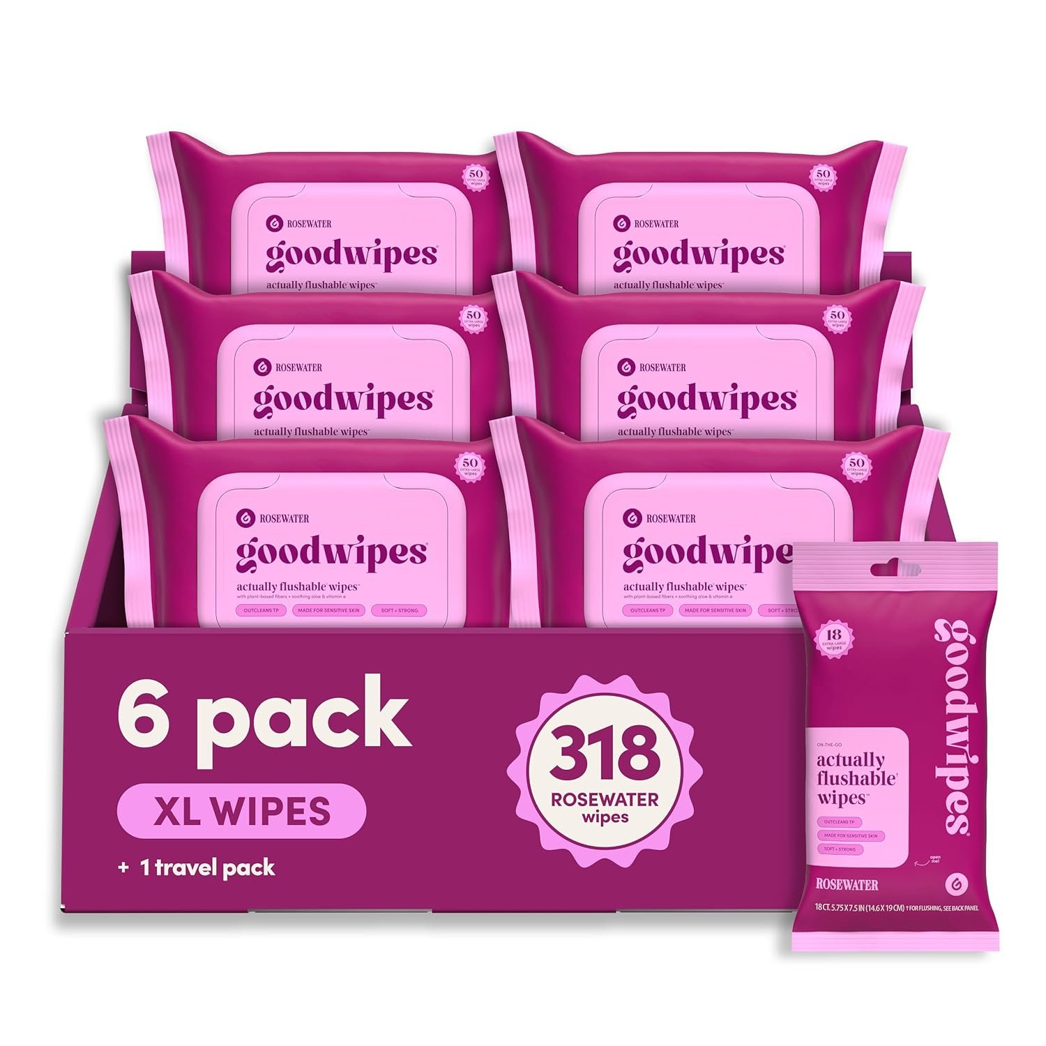 goodwipes Flushable Wipes for Adults – Rosewater Butt Wipes for Women & Men, Septic Safe, Toilet & Bathroom Essentials, Extra Large, 318 Count (6 Packs and 1 Travel Pack)
