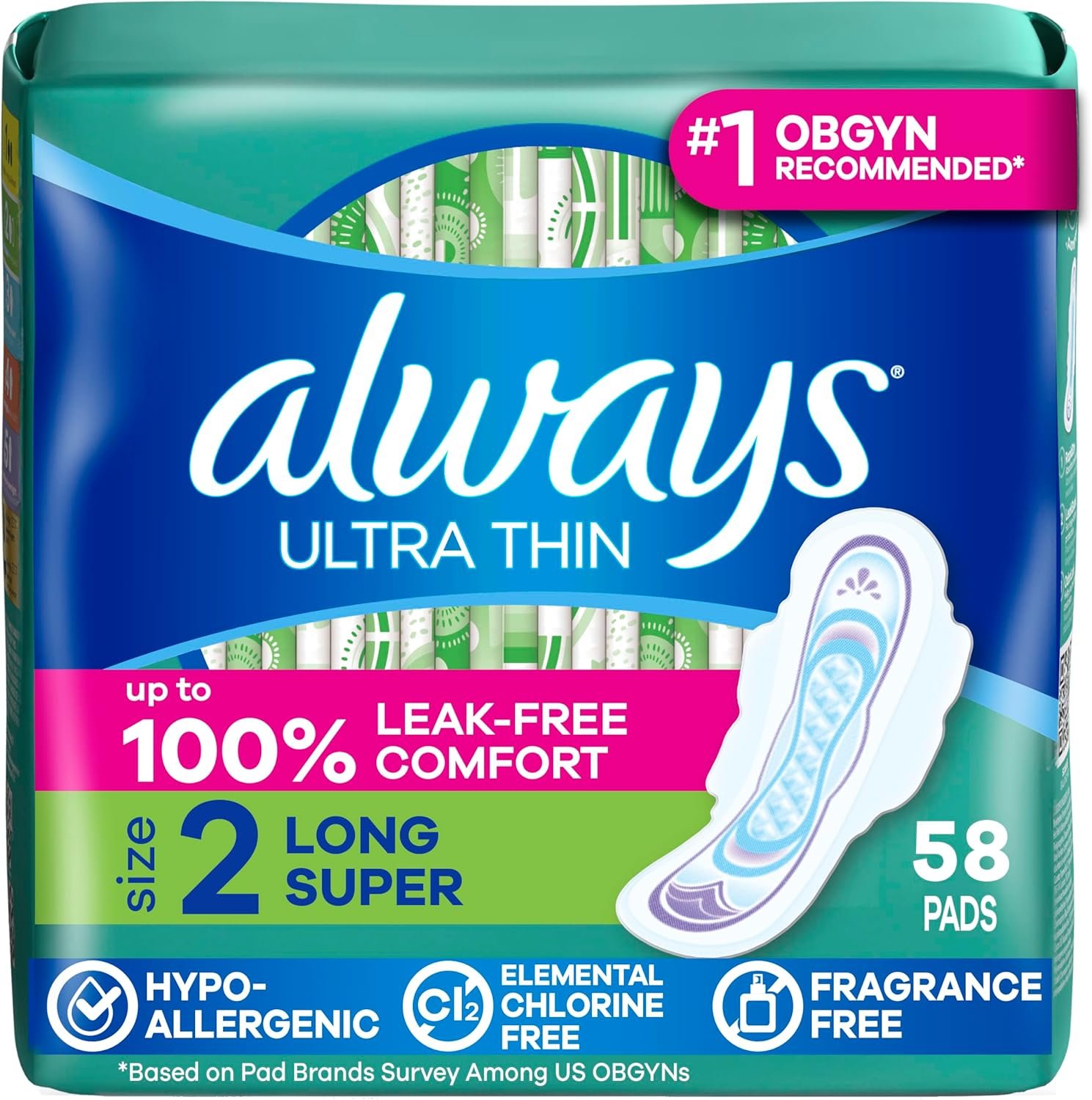 Always Ultra Thin Feminine Pads with Wings for Women, Size 2, Long Super Absorbency, Unscented, Up to 100% Leak-Free Protection, 58 Count