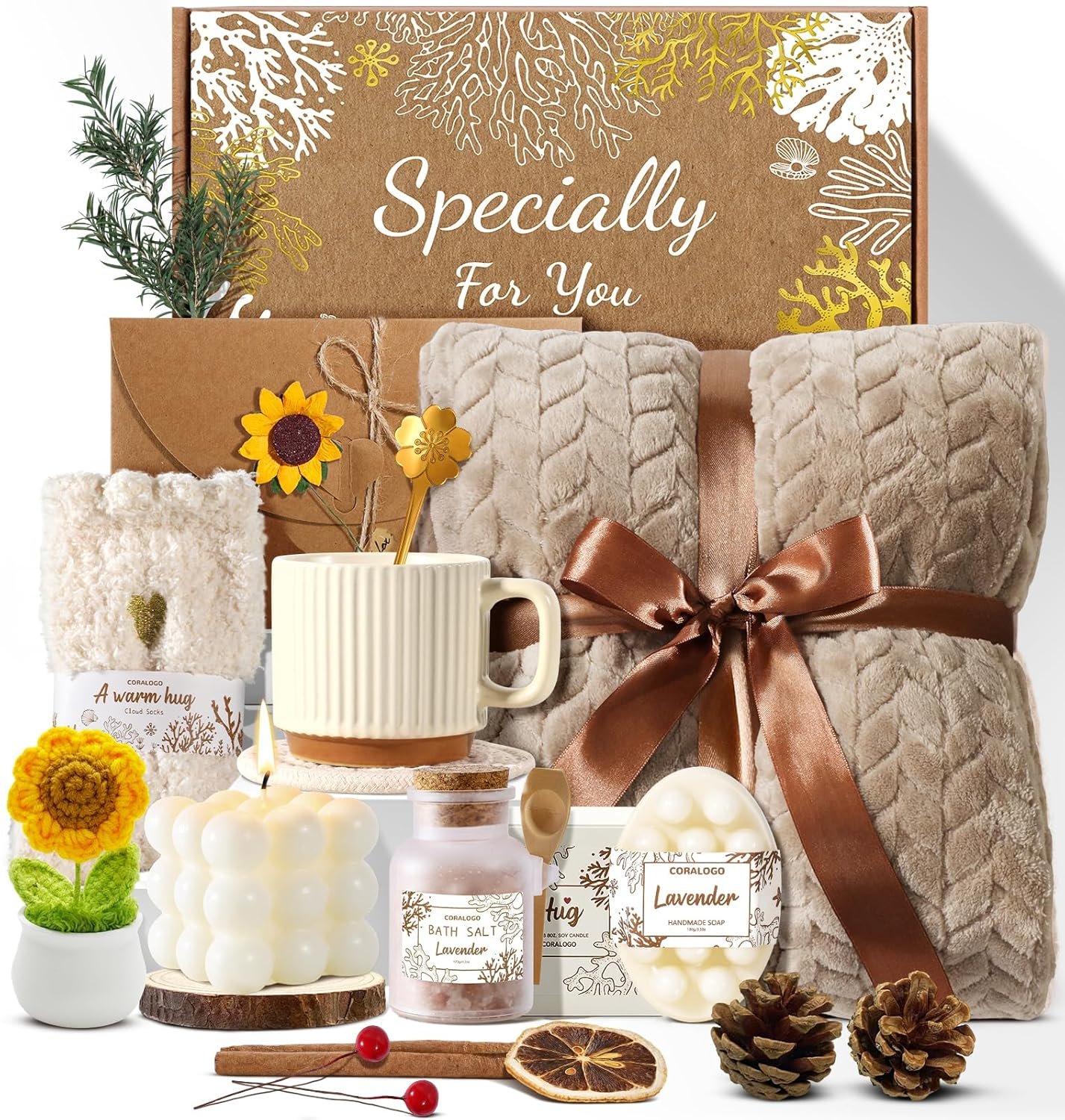 Spa Gift Baskets for Women – Mothers Day Gift Basket, Get Well Soon, Self Care, Relaxing Sunflower Package, 11pcs Spa Sets with Blanket, Luxury Gifts for Her Birthday Anniversary Mothers Day