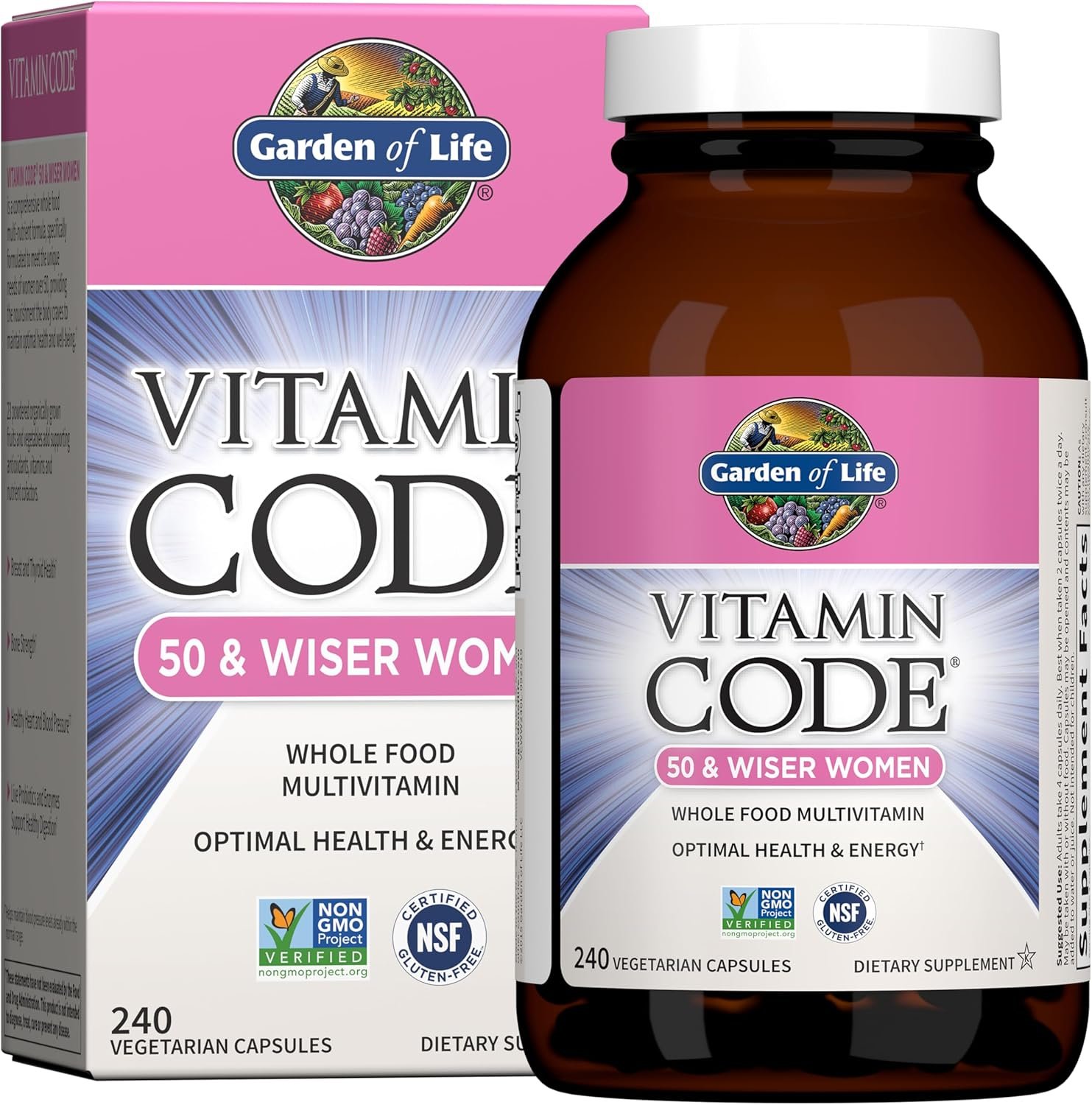 Garden of Life Vitamin Code Multivitamin for Women 50 & Over, 240 Capsules, for Women 50 Plus with B Vitamins, Vitamins A, C, D3, E & K, CoQ10, Probiotics & Enzymes