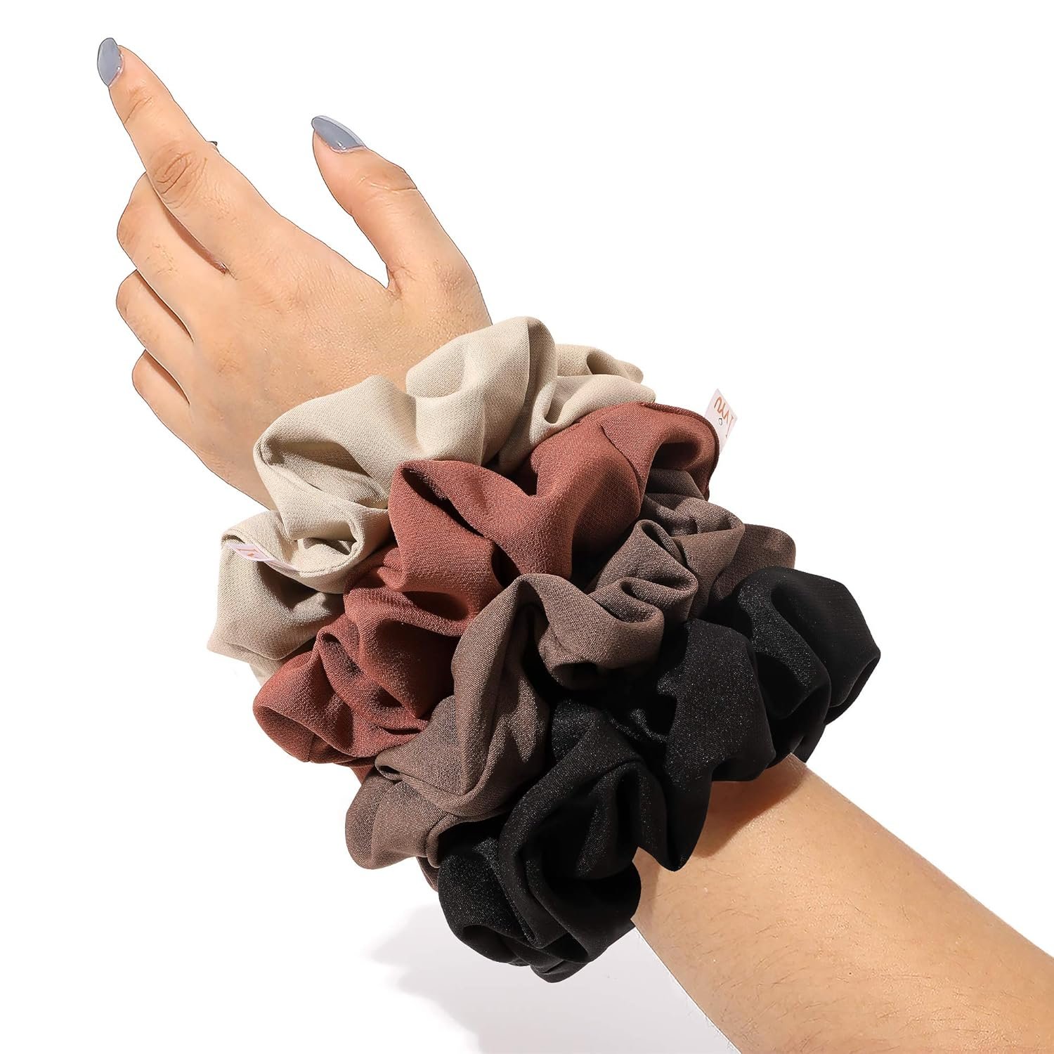 Ivyu Scrunchies Hair Ties, Big Large Scrunchie for Girls Women, Cute Hairties Jumbo Scrunchy For Thick Curl Hair No Crease Hair Accessories Soft Ropes Ponytail Holder, 4 Count, Black, Brown, Beige