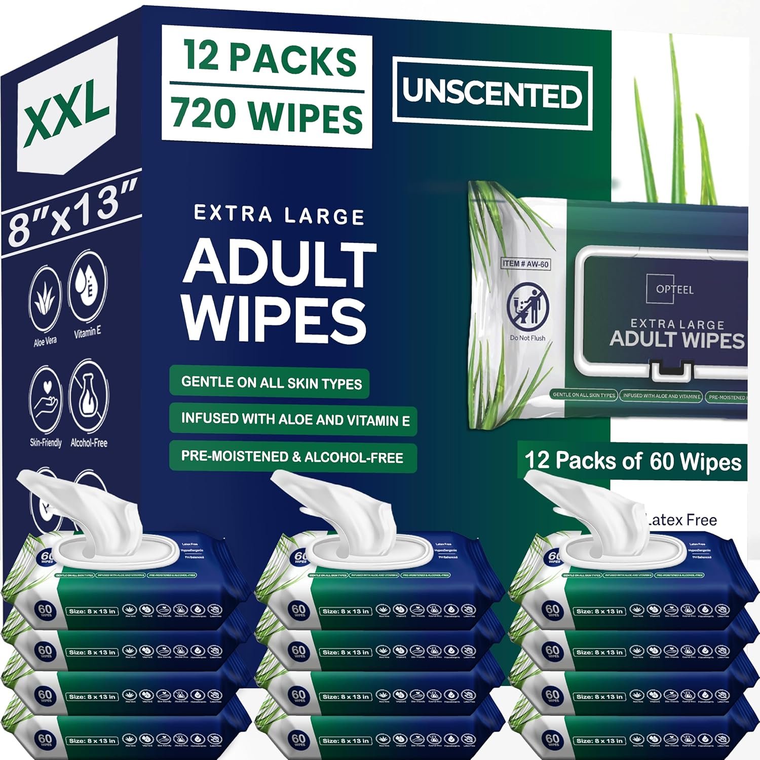 OPTEEL Adult Wipes For Elderly – 8″x13″ Extra Large & Soft Wet Wipes for Adults Bathing – Incontinence Disposable Washcloths, Vitamin E & Aloe Infused for Men & Women 720ct (12 Packs of 60)