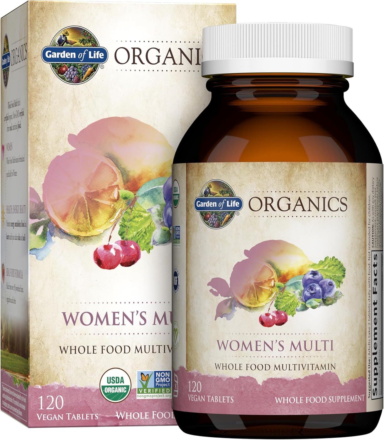 Garden of Life Organics Women’s Multivitamin with Vitamin C, D3, Folate, B12, Biotin & Iron – Women’s Multivitamin for Energy, Heart Health & Radiant Skin, USDA Organic, Non-GMO, Vegan, 120 Tablets