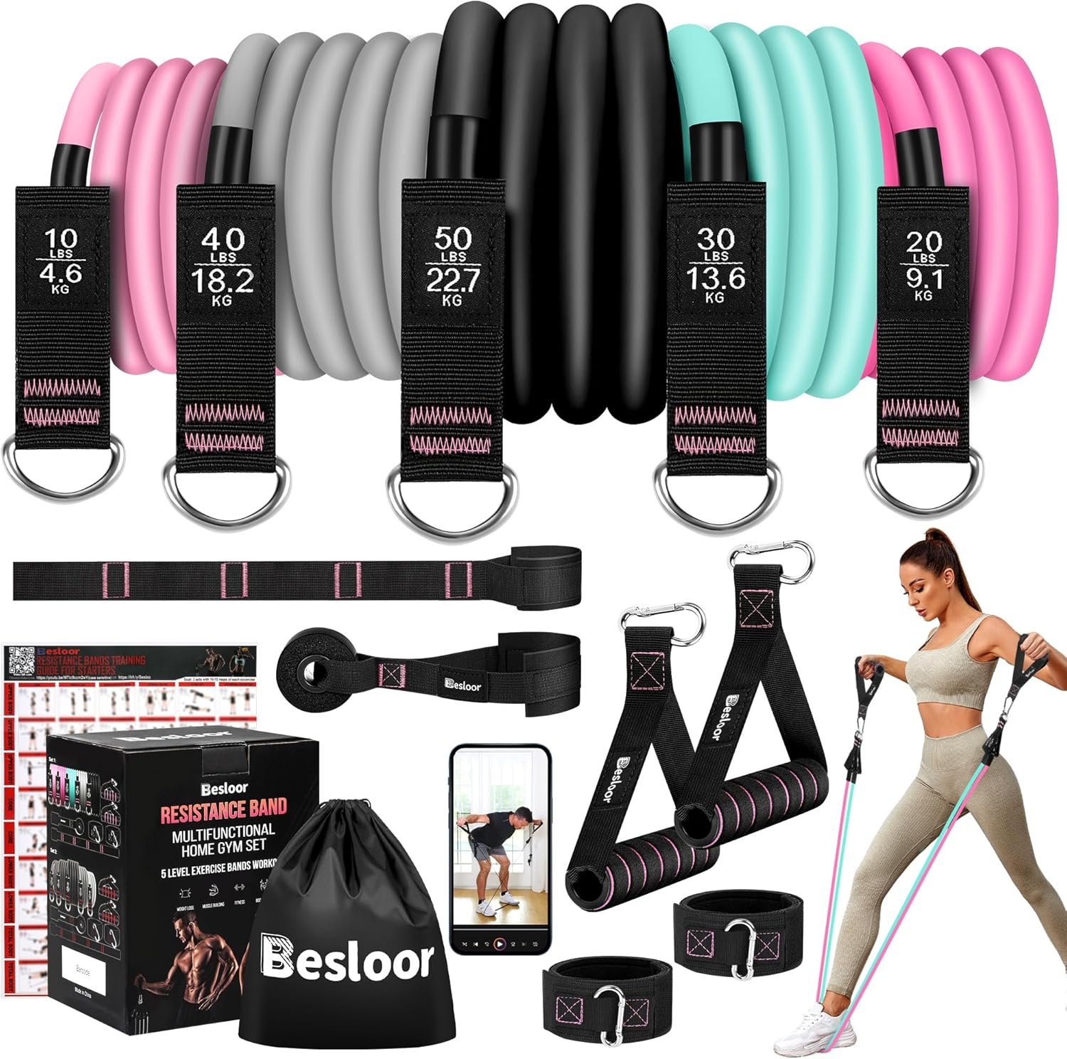 Resistance Band Set. Exercise Bands with Handles, Door Anchor and Ankle Strap. Home Gym, Supports Full-Body Workouts – with Training Guide and Fitness Video