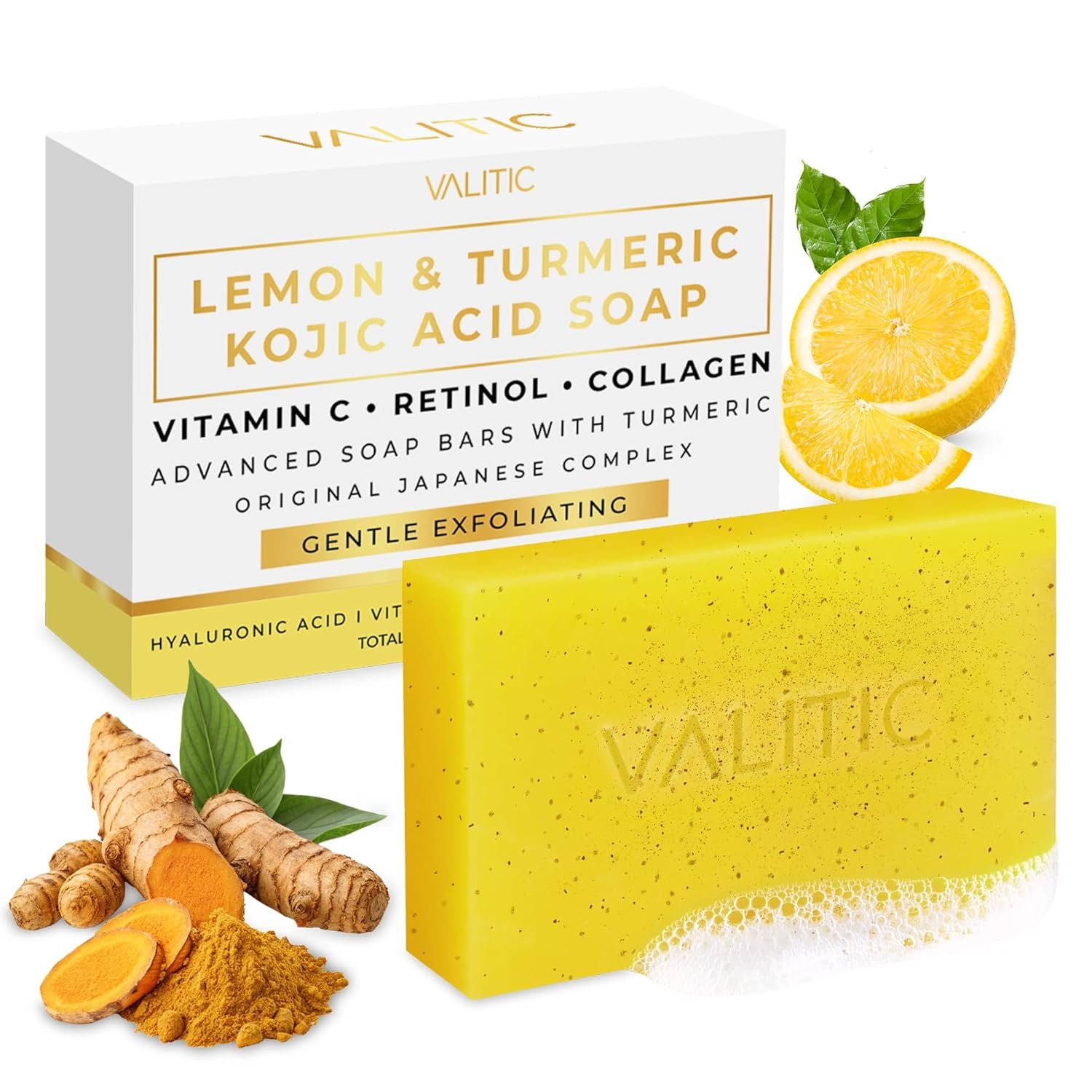 VALITIC Lemon Turmeric Soap for Dark Spots – Kojic Acid Soap for Face and Body – Exfoliating Bar for Brightening, Skin Tone Corrector with Retinol, Vitamin C, Collagen and Hyaluronic Acid – 1 Pack