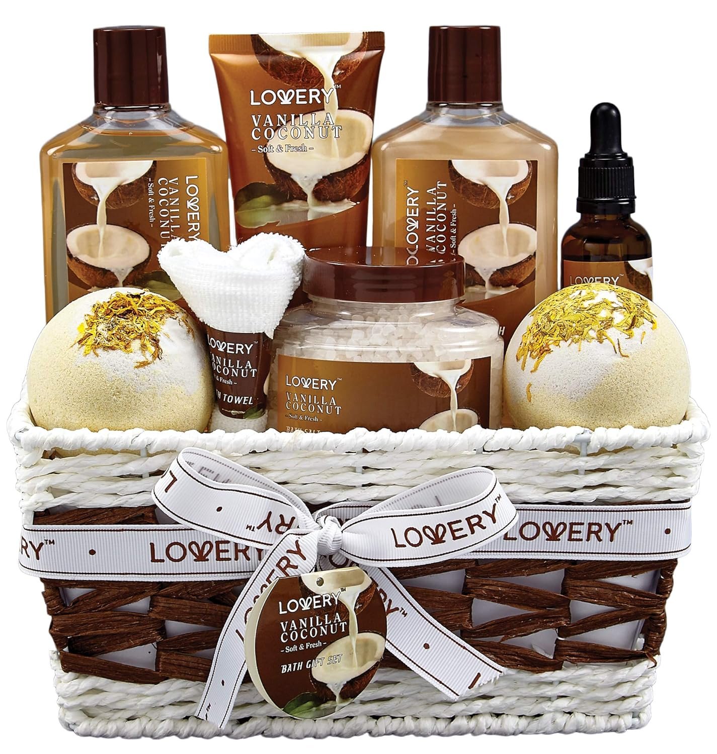 Gifts For Women Gift Basket for Women– Mothers Day Gifts for Mom, 9 Piece Set of Vanilla Coconut Home Spa Set, Luxurious Bath and Body Set, Includes Fragrant Lotions, Large Bath Bombs, Coconut Oil