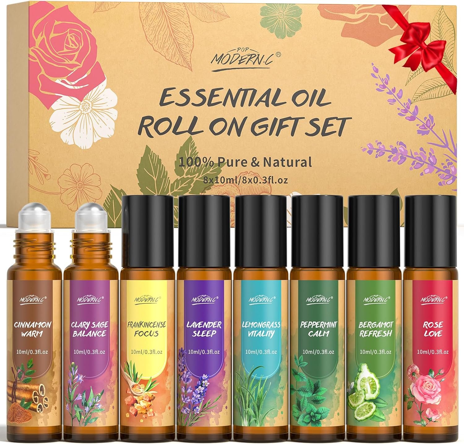 Essential Oils Roll On Set for Women 8pcs Essential Oil Roller for Skin Christmas Birthday Thanksgiving Mothers Day Gifts Lavender Frankincense Peppermint Bergamot Lemongrass Cinnamon Rose Clary Sage