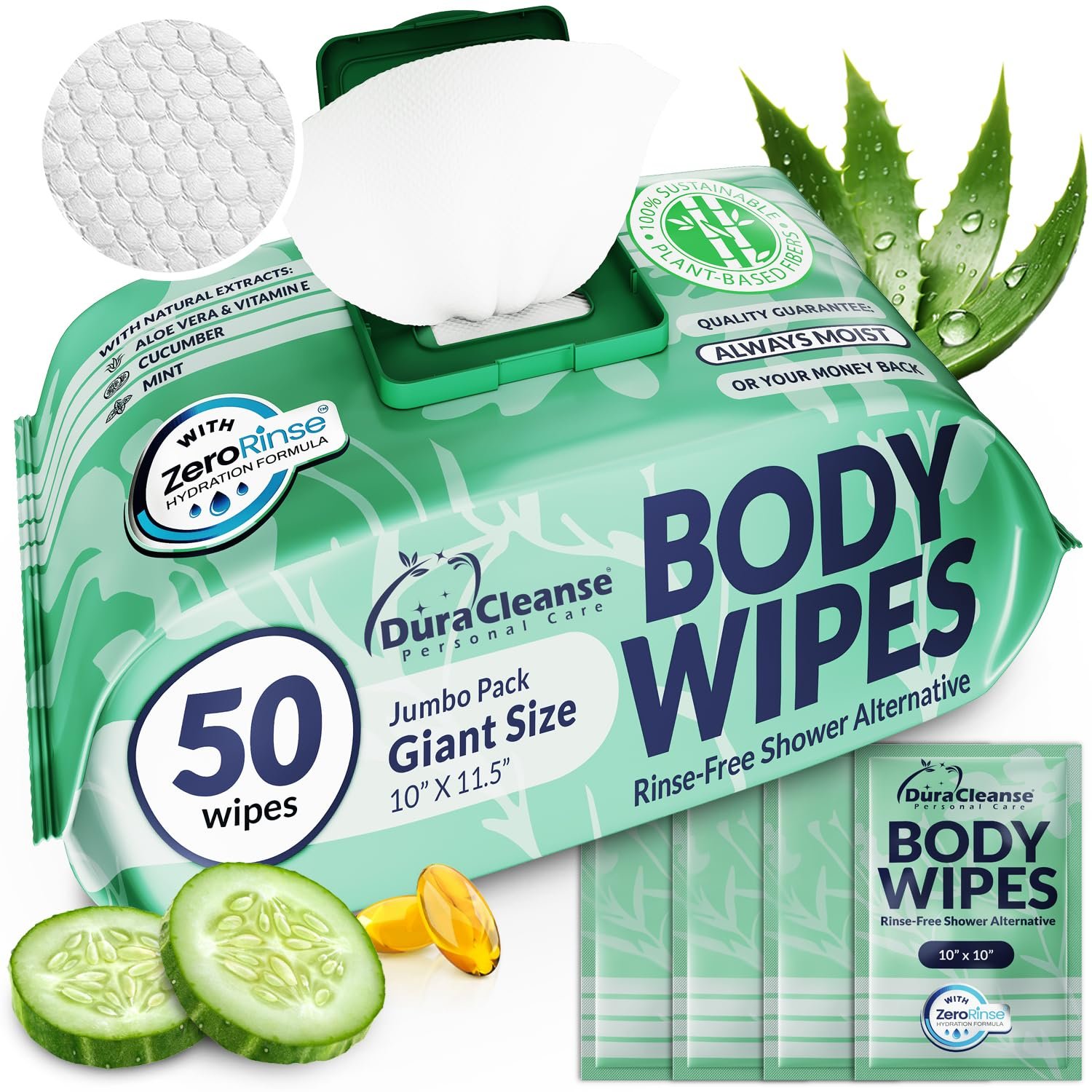Body Wipes for Women, Extra Moist No Rinse Bathing Wipes – 50 XL Shower Cloths + 4 Travel Bath Sheets -10″x11.5″ After Gym & Post Workout Deodorant, Disposable Washcloths, Womens Hygiene Essentials