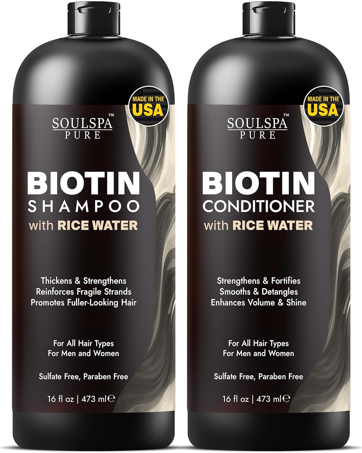 SOULSPA PURE Biotin Rice Water Shampoo and Conditioner Set – Thickening Formula with Rice Protein & Keratin – Strengthening Hair Care for Thinning Hair – Made in USA – 16 fl oz Each