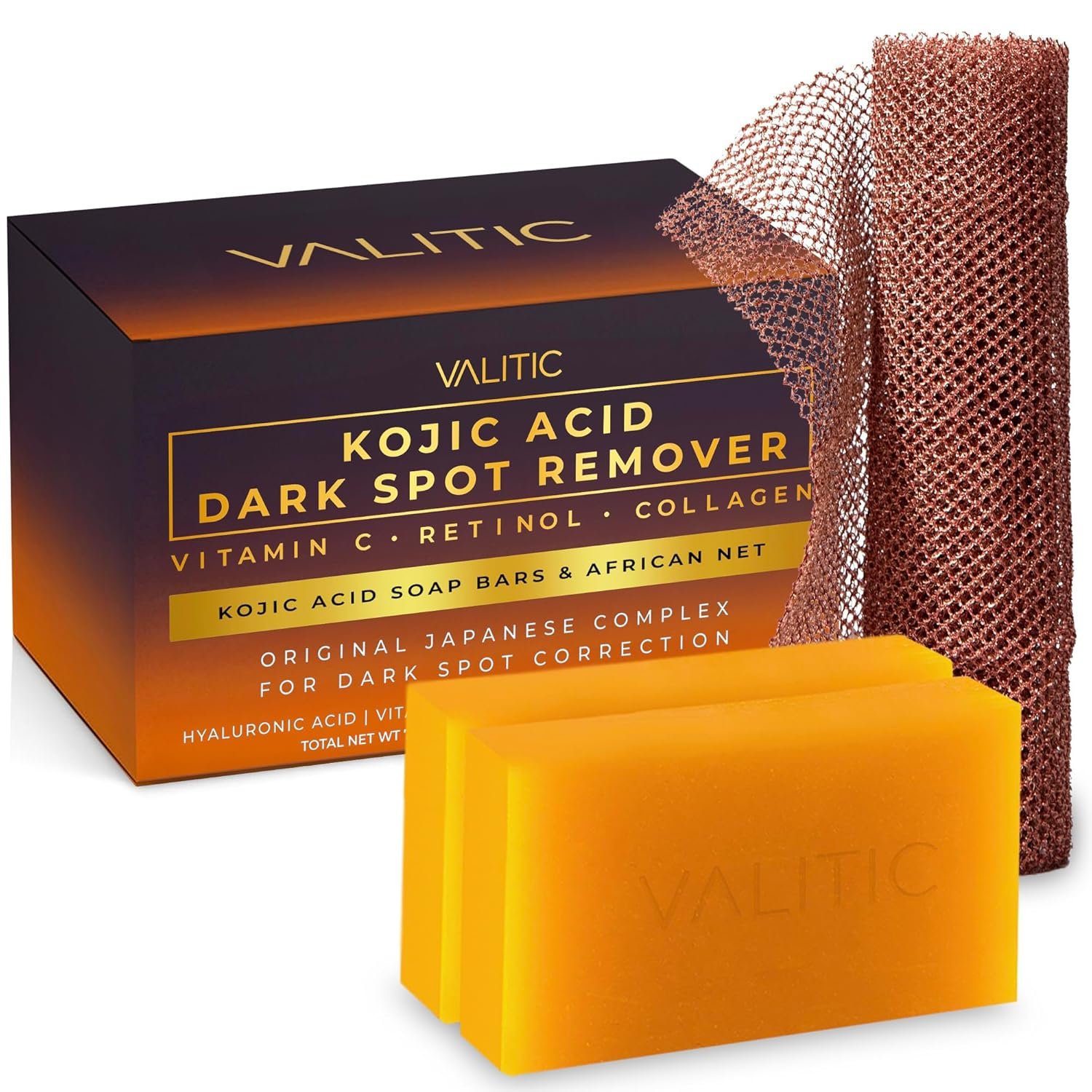 VALITIC Kojic Acid Dark Spot Remover Soap with Turmeric, Vitamin C, Retinol – Original Japanese Complex with Hyaluronic Acid, Vitamin E, Shea Butter, Castile Olive Oil – 2 Pack and African Net Sponge