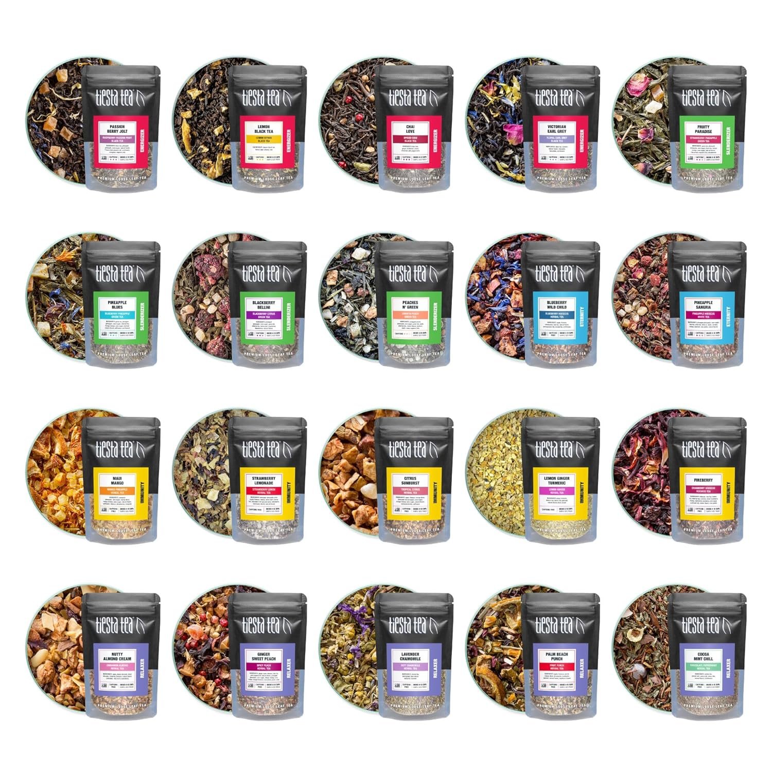 Tiesta Tea – Discovery Sampler Dry Flight Set, Loose Leaf, High to No Caffeine, Hot & Iced Up to 200 Cups, Tea Variety Pack with Green, Herbal, Black & Chai Brew, 20 Resealable Sample Pouches