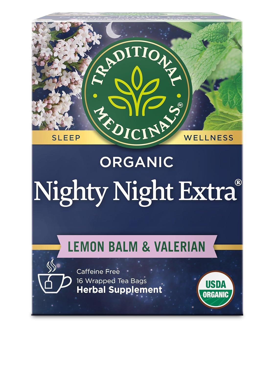 Traditional Medicinals Organic Nighty Night Extra Tea With Valerian Root for Relaxation, 16 Tea Bags (Pack of 1)