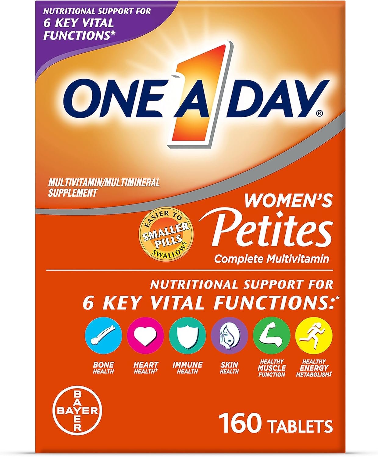 One A Day Women’s Petites Multivitamin,Supplement with Vitamin A, C, D, E and Zinc for Immune Health Support, B Vitamins, Biotin, Folate (as folic acid) & more,Tablet, 160 count