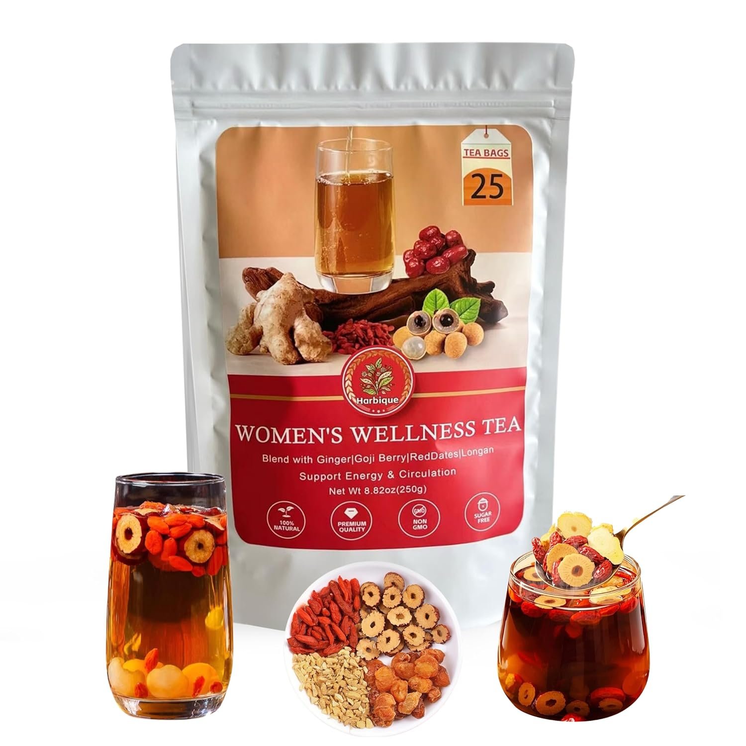 Harbique Organic Ginger Tea for Nausea Relief with Goji Berry, Red Date (Jujube) & Longan – Mama Flow Sweet & Spicy Herbal Tea for Women, Caffeine-Free, 25 Individually Wrapped Tea Bags, 250g