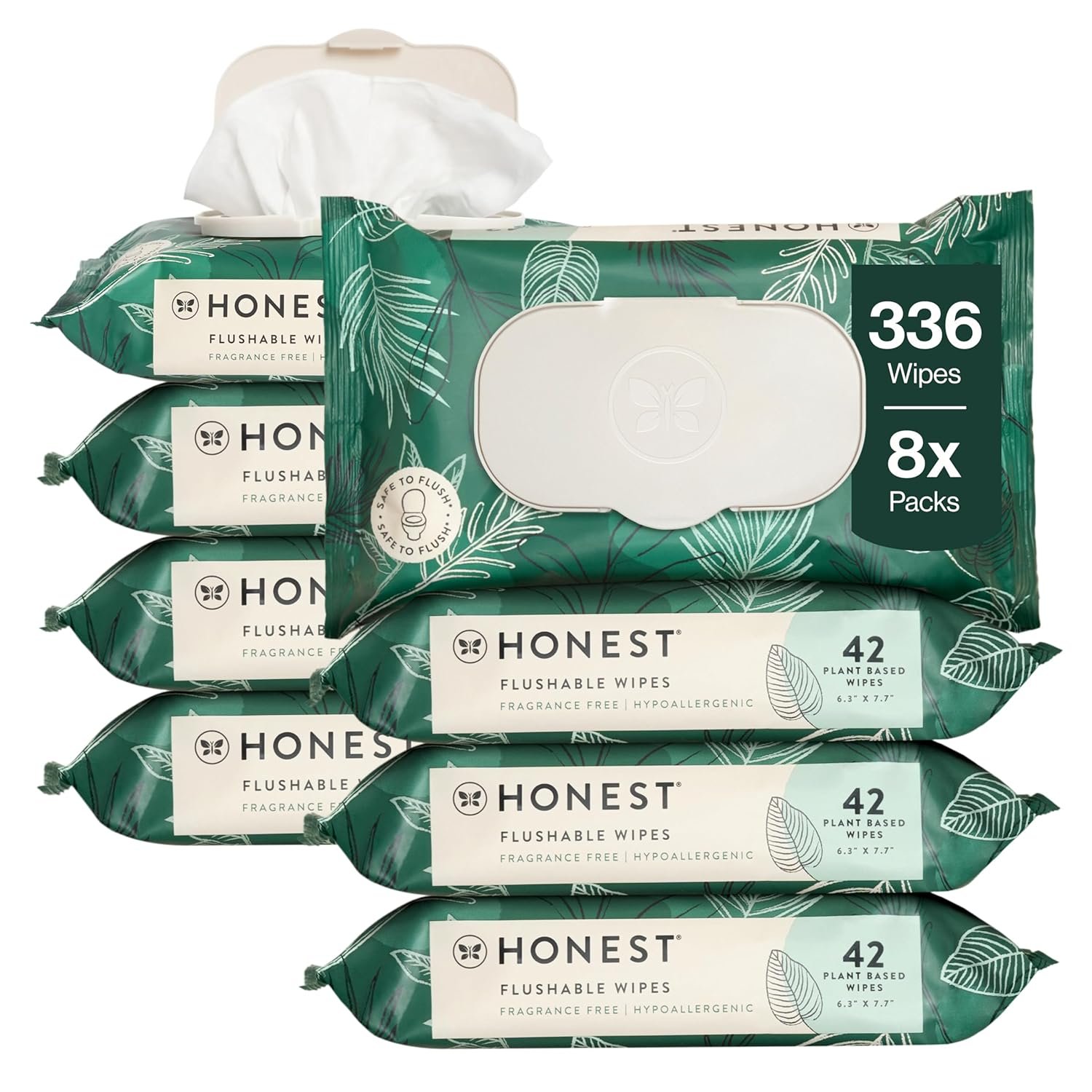 The Honest Company Flushable Wipes for Sensitive Skin, Hypoallergenic, Fragrance-Free, Tropical Leaves Design, 336 Count (4 Packs of 84)