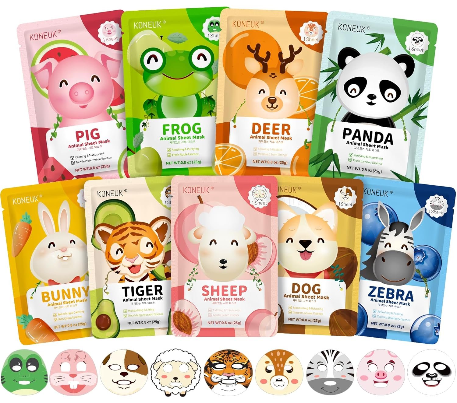 KONEUK 9 Pack Animal Face Masks Skincare for Kids, Bulk Sheet Hydrating Face Mask for Kids Skin Care, Collagen Face Mask for Teens Women, Mothers Day Gifts, Spa Party Gifts for Teen Girls