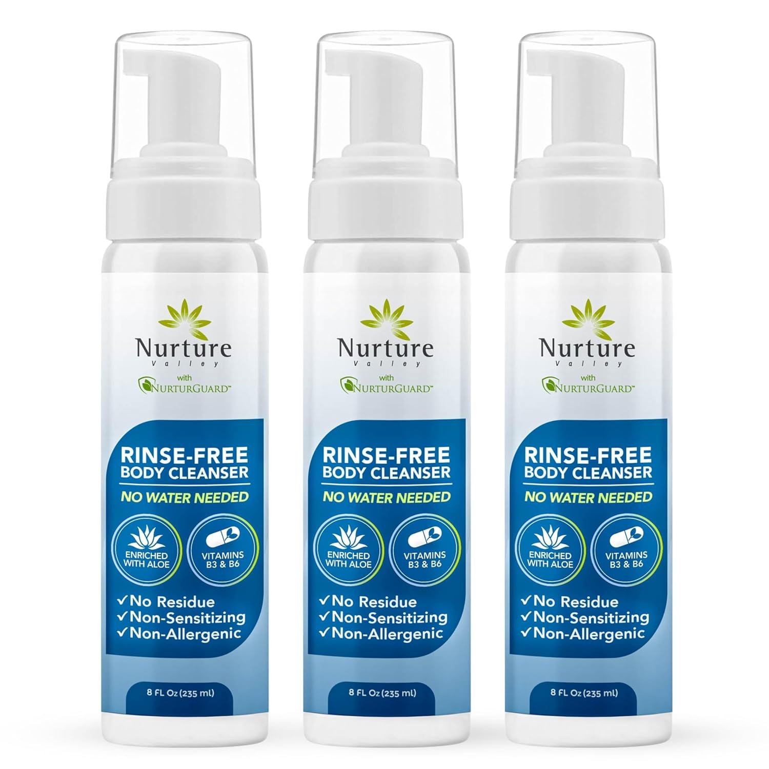 Nurture Rinse Free Waterless Foaming Cleanser for Women, Camping, Elderly & Hospital Care | No Rinse Body Wash with Aloe for Sensitive Dry Skin | Moisturizing & Gentle Cleanser