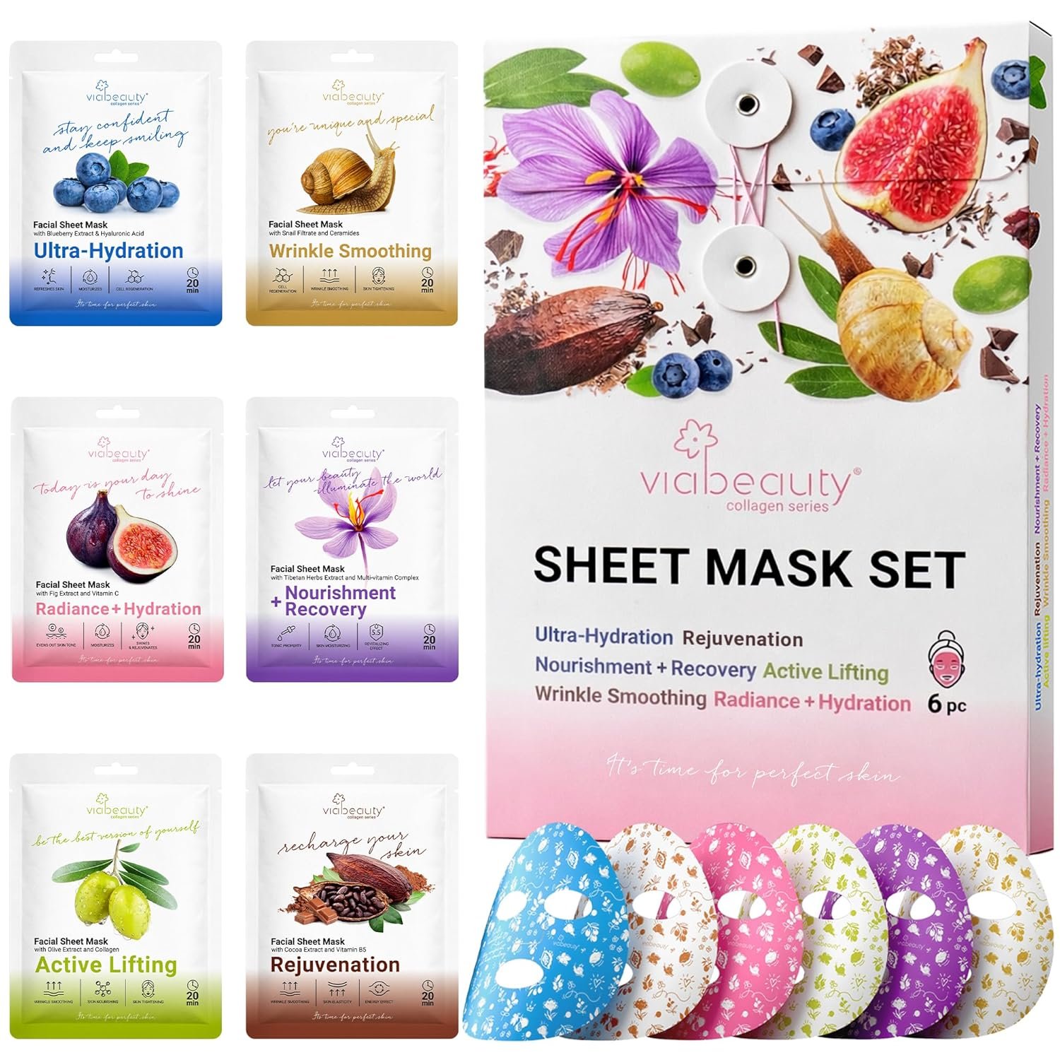 VIABEAUTY 6 Pack of Sheet Face Masks Skincare – Collagen Face Mask Sheets with Hyaluronic Acid, Vitamin C, Snail Mucin – Facial Sheet Mask for Hydrating, Moisturizing, Rejuvenating