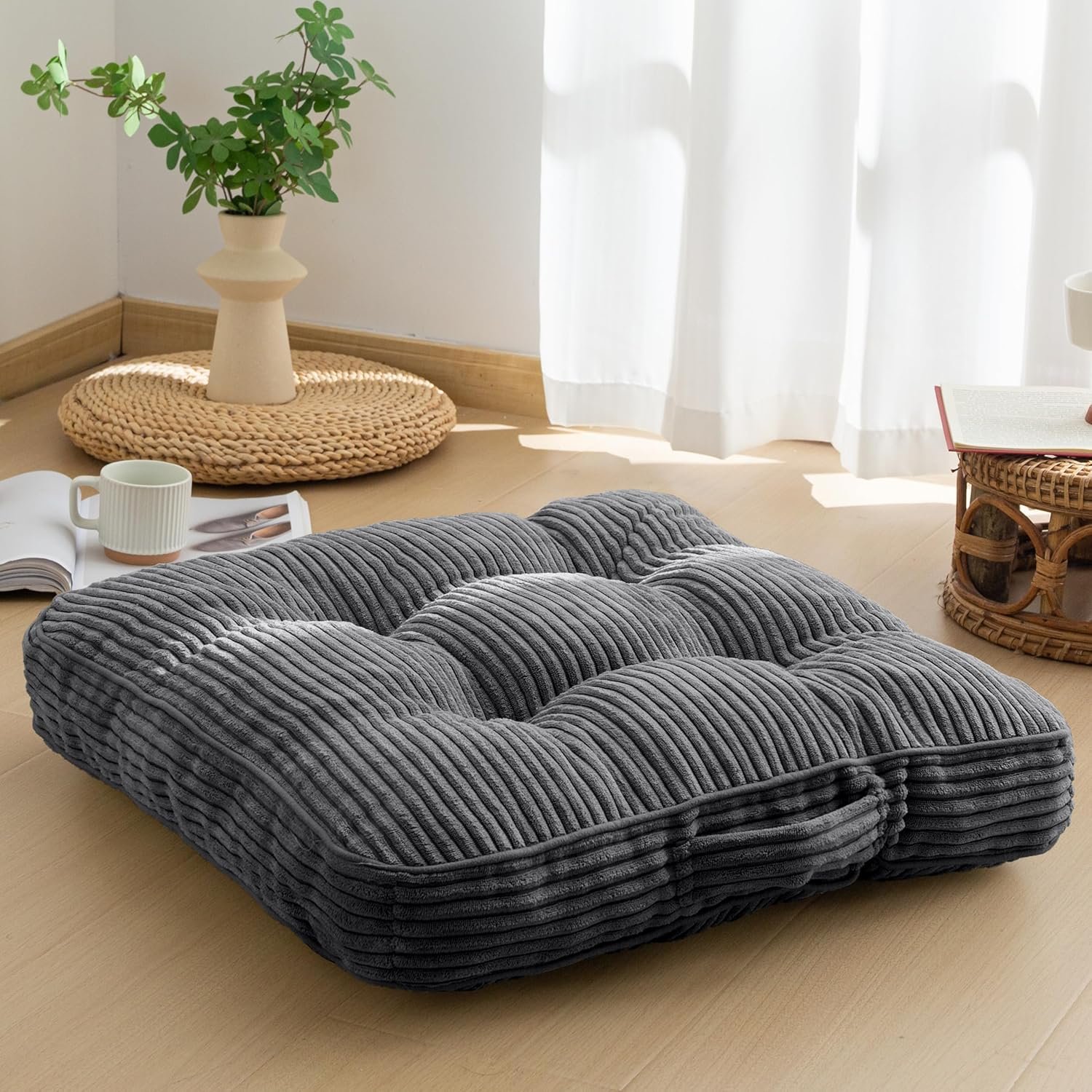 HIGOGOGO Floor Pillow Cushion for Adults, Meditation Cushion Pillow, Large Square Floor Sitting, Tufted Corduroy Cover, for Tatami Living Room or Yoga, 22×22 Inch, Dark Grey