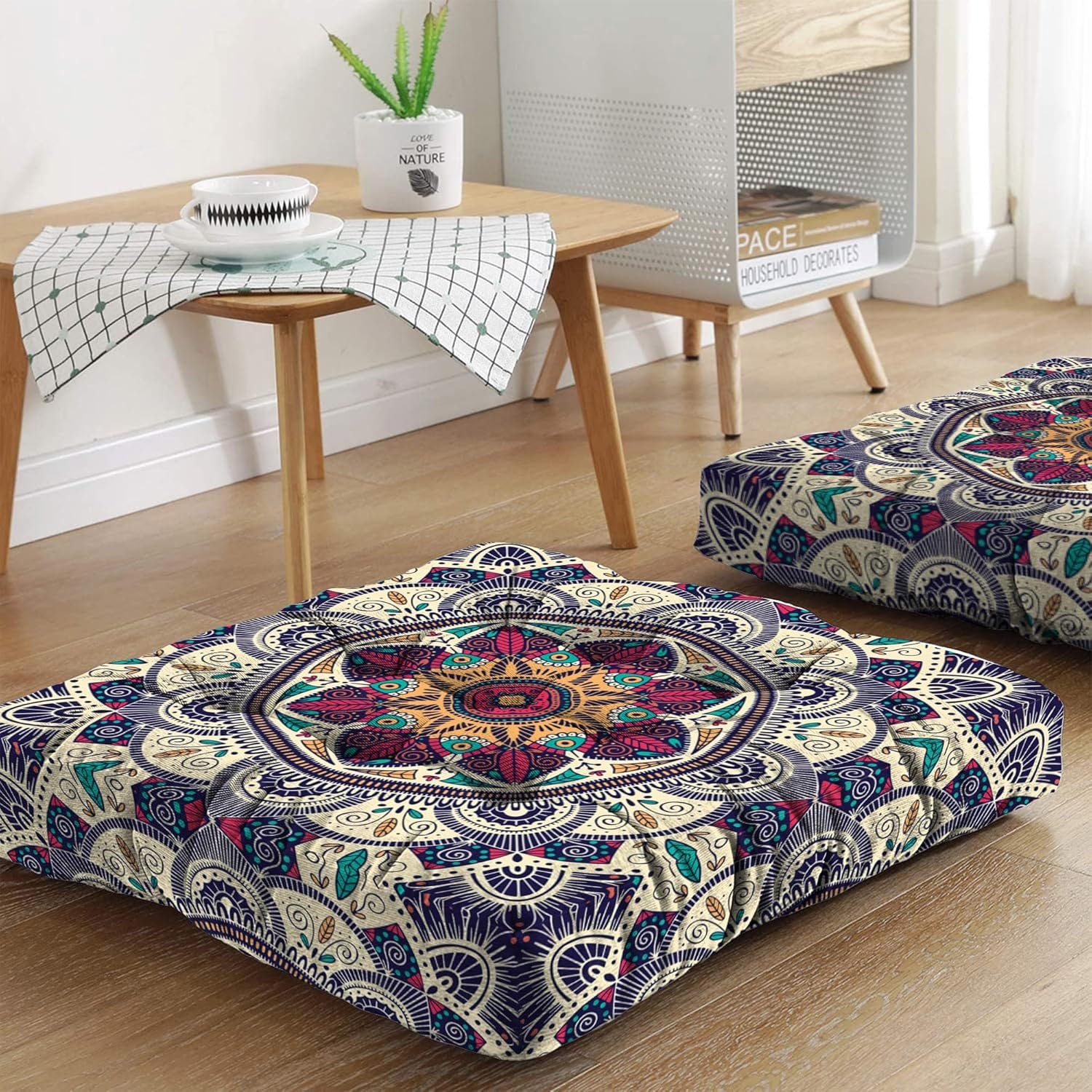Mandala Meditation Cushion, Boho Meditation Mat, Meditation Pillows For Sitting on Floor, Cushions for Sitting in Home and Outdoor, Square Floor Pillow Cushion Seating for Yoga Accessories 22” x 22”
